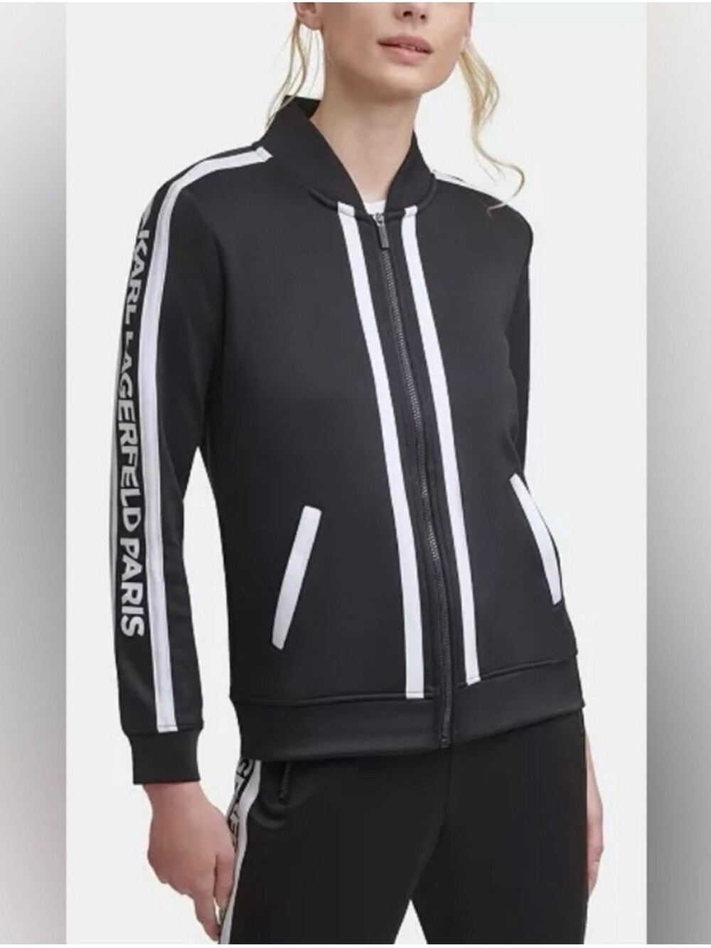 NWT Karl Lagerfeld Paris Logo Block Letter Track Jacket Large Black  Bomber